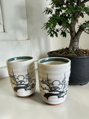 Set of 2 Vintage Japanese Yunomi Teacups - Hand Painted Plum Blossom White Crack